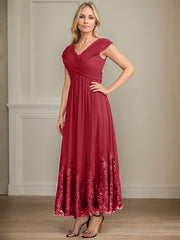 A-line V-Neck Ankle-Length Chiffon Mother of the Bride Dress With Bow Sequins Appliques Lace