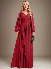 A-line Cold Shoulder V-Neck Floor-Length Chiffon Mother of the Bride Dress With Cascading Ruffles Beading