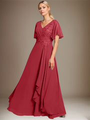 A-line V-Neck Floor-Length Lace Chiffon Mother of the Bride Dress With Cascading Ruffles Sequins