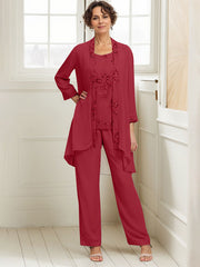 Elegant Appliques 3 Pieces Chiffon Mother of The Bride Jumpsuit with Wrap