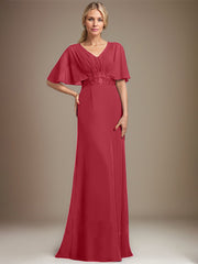 A-line V-Neck Floor-Length Chiffon Mother of the Bride Dress With Sequins Appliques Lace Pleated