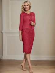 Sheath/Column Scoop Knee-Length Chiffon Lace Mother of the Bride Dress With Beading