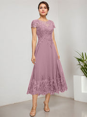 A-line Scoop Illusion Tea-Length Lace Chiffon Mother of the Bride Dress With Sequins