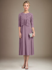 A-line Scoop Tea-Length Chiffon Mother of the Bride Dress With Pleated