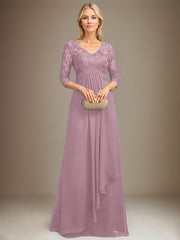 Empire V-Neck Floor-Length Lace Chiffon Mother of the Bride Dress With Cascading Ruffles Sequins