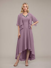 A-line V-Neck Asymmetrical Chiffon Mother of the Bride Dress With Beading Sequins