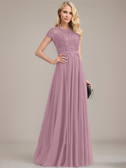 A-line Scoop Illusion Floor-Length Lace Chiffon Mother of the Bride Dress