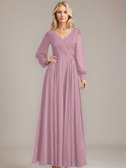 A-line V-Neck Floor-Length Chiffon Mother of the Bride Dress With Sequins Appliques Lace Pleated