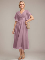 A-line V-Neck Tea-Length Chiffon Mother of the Bride Dress With Pleated Beading