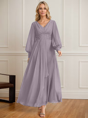 A-line V-Neck Ankle-Length Chiffon Mother of the Bride Dress With Cascading Ruffles Beading Sequins