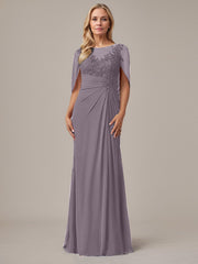 A-Line Floor-Length Boat-Neck Lace Capelet Chiffon Mother of the Bride Dress