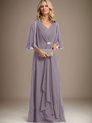 A-line V-Neck Floor-Length Chiffon Mother of the Bride Dress With Cascading Ruffles Crystal Brooch