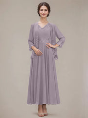 A-line V-Neck Ankle-Length Chiffon Mother of the Bride Dress With Sequins Appliques Lace Beading