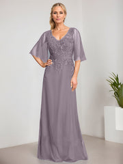A-line V-Neck Floor-Length Lace Chiffon Mother of the Bride Dress With Sequins Beading