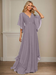A-line V-Neck Floor-Length Chiffon Mother of the Bride Dress With Sequins Appliques Lace Beading