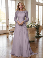 A-line Bateau Long Sleeves Appliques Lace Sweep Train Chiffon Mother of the Bride Dres