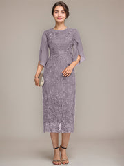 Sheath/Column Scoop Tea-Length Lace Chiffon Mother of the Bride Dress