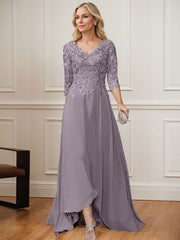 A-Line V-Neck 3/4 Sleeves Chiffon Mother Of The Bride Dresses With Lace