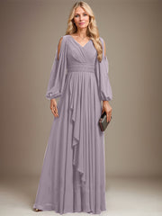 A-line Cold Shoulder V-Neck Floor-Length Chiffon Mother of the Bride Dress With Cascading Ruffles Beading