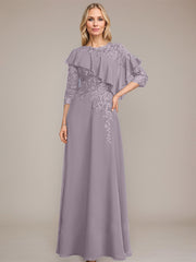 A-line Scoop Illusion Floor-Length Chiffon Lace Mother of the Bride Dress With Ruffle Sequins Beading