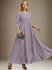 A-line V-Neck Ankle-Length Chiffon Lace Mother of the Bride Dress With Rhinestone