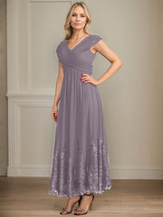 A-line V-Neck Ankle-Length Chiffon Mother of the Bride Dress With Bow Sequins Appliques Lace
