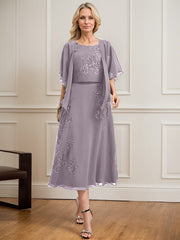 A-line Scoop Tea-Length Lace Chiffon Mother of the Bride Dress With Sequins