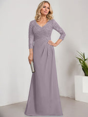 Sheath/Column V-Neck Illusion Floor-Length Lace Chiffon Mother of the Bride Dress With Pleated Sequins
