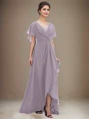 A-line V-Neck Asymmetrical Chiffon Mother of the Bride Dress With Sequins Beading Cascading Ruffles