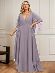 A-line V-Neck Floor-Length Chiffon Mother of the Bride Dress With Sequins Appliques Lace Beading