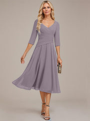 A-line V-Neck Tea-Length Chiffon Mother of the Bride Dress With Pleated