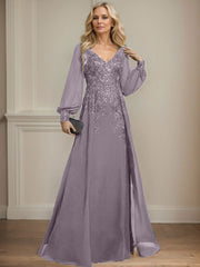 A-Line V-Neck Long Sleeves Floor-Length Chiffon Mother Of The Bride Dresses With Lace