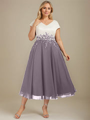 A-line V-Neck Tea-Length Satin Chiffon Mother of the Bride Dress With Appliques Lace