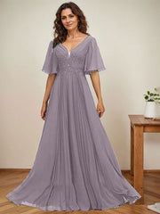 A-line V-Neck Floor-Length Chiffon Mother of the Bride Dress With Sequins Appliques Lace Pleated