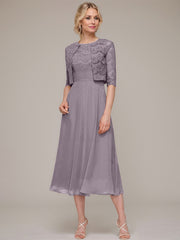 A-line/Princess Scoop Tea-Length Chiffon Mother of the Bride Dress With Lace Jacket