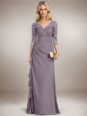 A-line V-Neck Floor-Length Lace Chiffon Mother of the Bride Dress With Cascading Ruffles