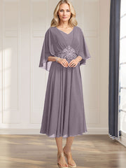 A-line V-Neck Tea-Length Chiffon Mother of the Bride Dress With Pleated Sequins Appliques Lace Beadind