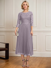 A-line Scoop Illusion Tea-Length Lace Chiffon Mother of the Bride Dress With Sequins Pleated