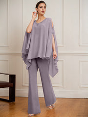 Separates Jumpsuit/Pantsuit V-Neck Floor-Length Chiffon Mother of the Bride Dress With Beading