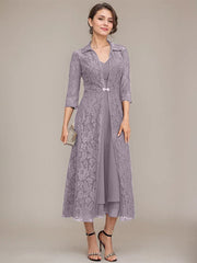 A-line V-Neck Tea-Length Chiffon Mother of the Bride Dress
