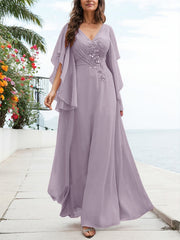 A-Line V-Neck Floor-Length Chiffon Mother Of The Bride Dresses With Appliques Lace