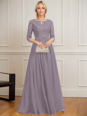 A-line Scoop Floor-Length Lace Chiffon Mother of the Bride Dress With Crystal Brooch Sequins
