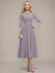 A-line Scoop Illusion Tea-Length Chiffon Lace Mother of the Bride Dress With Sequins Beading