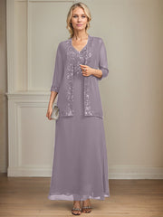 A-line V-Neck Ankle-Length Lace Sequin Chiffon Mother of the Bride Dress