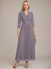 A-line Collared V-Neck Ankle-Length Chiffon Mother of the Bride Dress With Beading Pleated