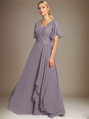 A-line V-Neck Floor-Length Lace Chiffon Mother of the Bride Dress With Cascading Ruffles Sequins