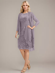 Sheath/Column Scoop Illusion Knee-Length Lace Chiffon Mother of the Bride Dress With Cascading Ruffles Sequins
