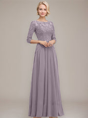 A-line Boat Neck Illusion Floor-Length Chiffon Lace Mother of the Bride Dress With Sequins Beading