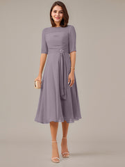 A-Line Boat-neck Pleated Chiffon Mother of the Bride Dress