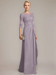A-line Scoop Illusion Floor-Length Chiffon Lace Mother of the Bride Dress With Beading Sequins Cascading Ruffles